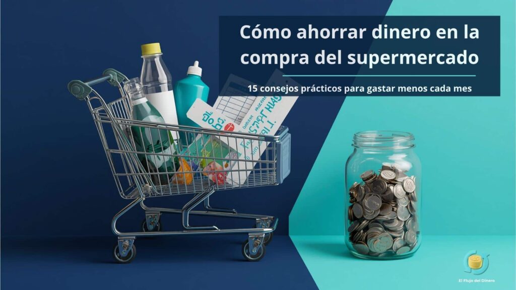 Carrito de supermercado y tarro con monedas para ahorrar dinero en la compra del supermercado