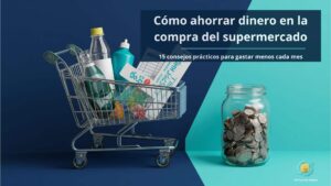 Carrito de supermercado y tarro con monedas para ahorrar dinero en la compra del supermercado